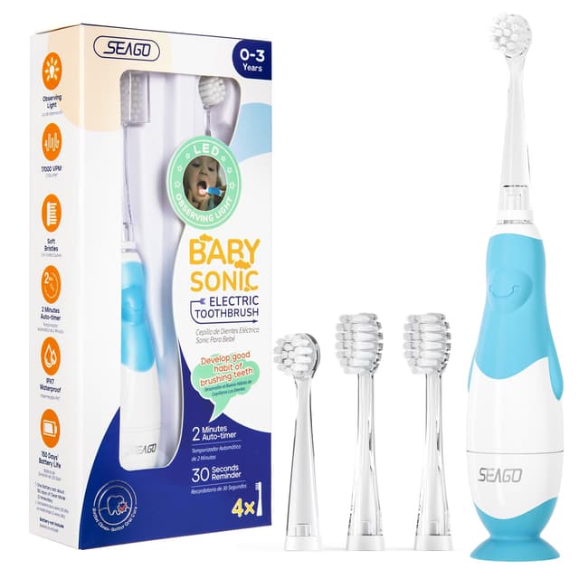 SEAGO Toddler Electric Toothbrushes for Baby Ages 0-3 Years, Baby Toothbrush with Smart Timer and Suction Base, 4 Replacement Brush Heads SG-513 (Blue-C)