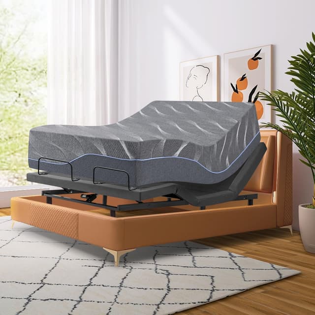 Vipbear Full Adjustable Bed Frame with Massage, 14 Inch Grey Gel Memory Foam Medium-Firm Mattress in Box, Updated Adjustable Bed Base with Thickened Foam Frame, Adjustable Legs, Smart Bed