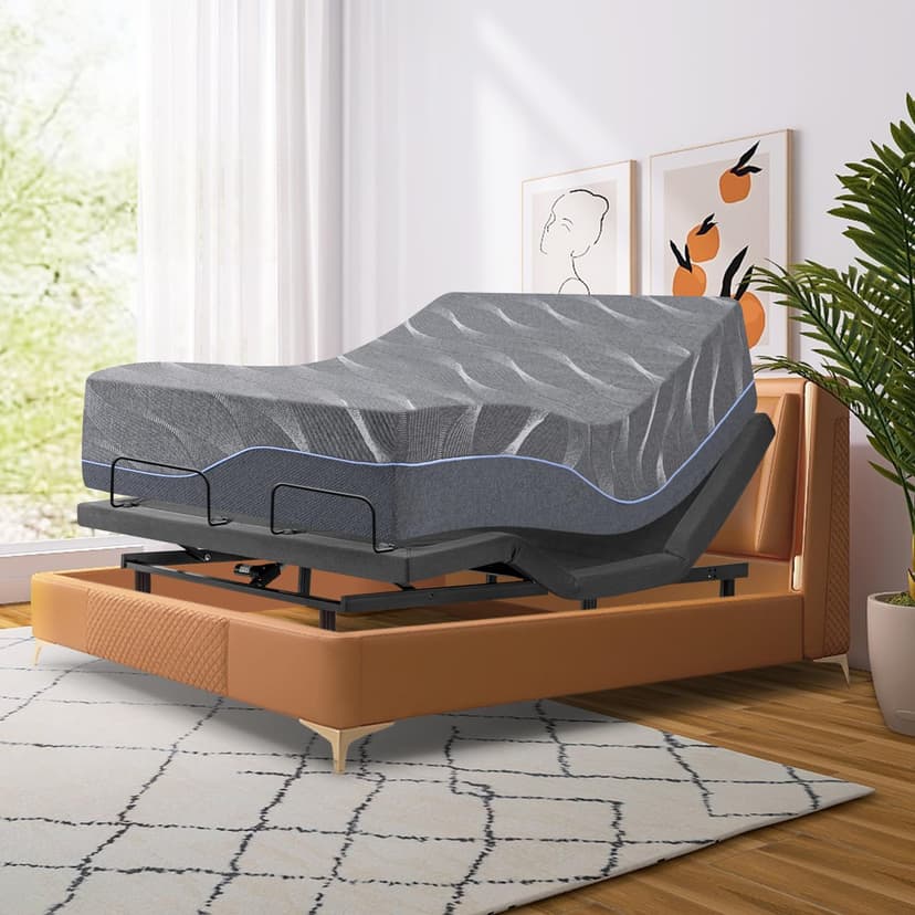 Vipbear Full Adjustable Bed Frame with Massage, 14 Inch Grey Gel Memory Foam Medium-Firm Mattress in Box, Updated Adjustable Bed Base with Thickened Foam Frame, Adjustable Legs, Smart Bed