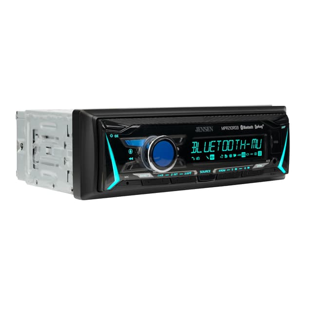 JENSEN MPR210RGB | 12-Character LCD Single DIN Car Stereo | RGB Custom Colors | Push to Talk Assistant | Bluetooth Hands Free Calling Music Streaming | AM/FM Radio | USB Playback & Charging