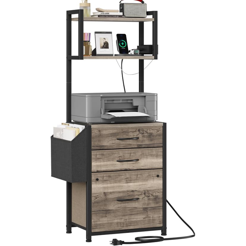 HIGDBFE Small 3 Drawer File Cabinet with Charging Station, 45''H, 3-Tier Filing Cabinet for Home Office, 11''*16'' for Small Printer, Fabric Drawer Fits Letter/A4, Tall Printer Stand, Grey