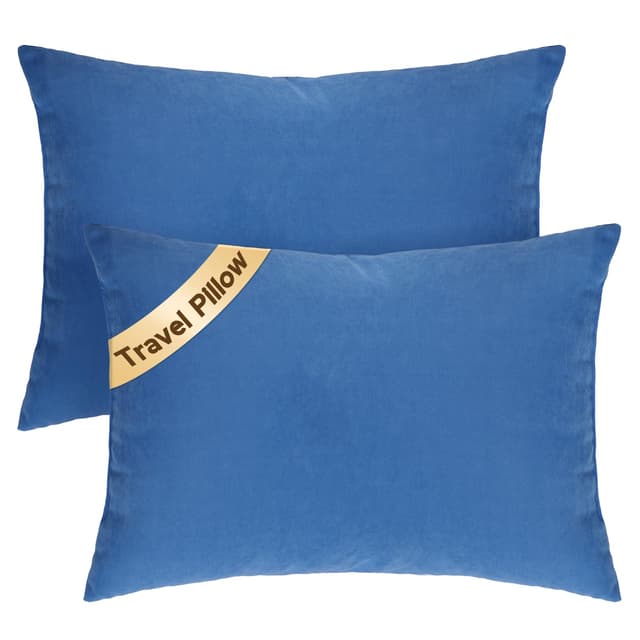 SweetSlubr Small Travel Pillows - 2 Pack, 13"x18" Machine Washable Neck Pillow for Airplane & Long Flight, Breathable Headrest for Nap, Sleeping & Camping, Cushion for Lumbar, Knee, Ankle (Blue)