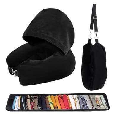 Lulttihy Stuffable Travel Neck Pillow with Hood, Soft Velvet Pillow Stuffable with Clothes, Adjustable Neck Size, Multifunctional Fillable Airplane Travel Neck Pillow for Extra Luggage