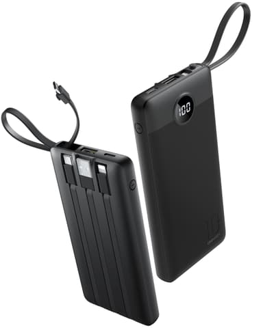 Coowisty Portable Charger with Built-in Cables, Slim 10000mAh Power Bank with USB C, Travel Essentials External Battery Pack 5 Outputs 2 Inputs LED Display Compatible with iPhone/Android & More(Black)