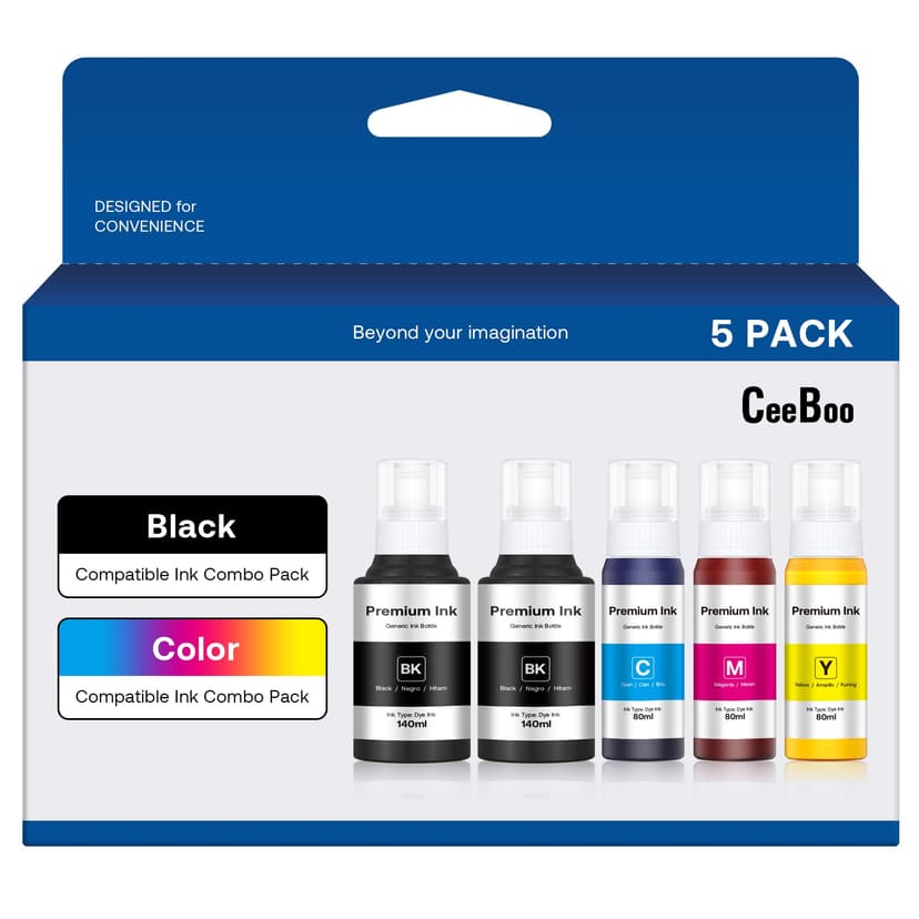 CEEBOO Compatible Ink Bottle Replacement for Epson 502 (Not Sublimation Ink), Use for ET-2850 ET-3830 ET-3850 ET-2760 ET-3760 ET-15000 printer, 2 Black,Cyan,Magenta,Yellow, High Capacity 5 Bottles