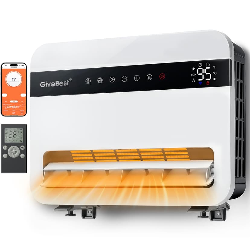 Givebest-Wall-Heater-for-Indoor-Use, 1500W Electric-Space-Heater, 120°Vertical Oscillation,Compatible with Alexa, Adjustable Thermostat, Remote Control, 24H Timer, Easy-mounted Heater for Indoor Use