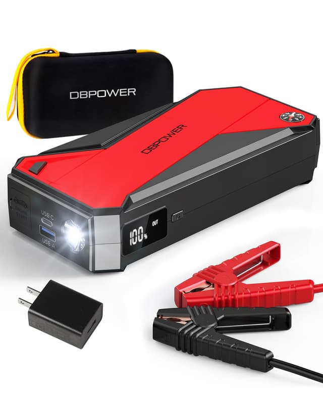 DBPOWER Peak 3000A 18000mAh Portable Car Jump Starter (up to 8.0L Gas, 6.0L Diesel Engine) Battery Booster with Smart Charging Port, Compass, LCD Screen and LED Light (Black/Red)