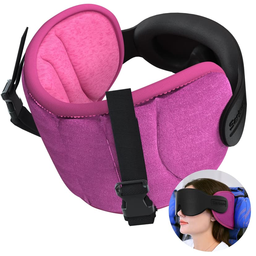 SARISUN Travel Pillows for Airplanes, Airplane Pillow for Long Flight, Airplane Head Strap with Eye Mask for Sleep, Travel Neck Pillow for Car Road Trip, 360° Support Headrest, Stop Bobblehead, Pink