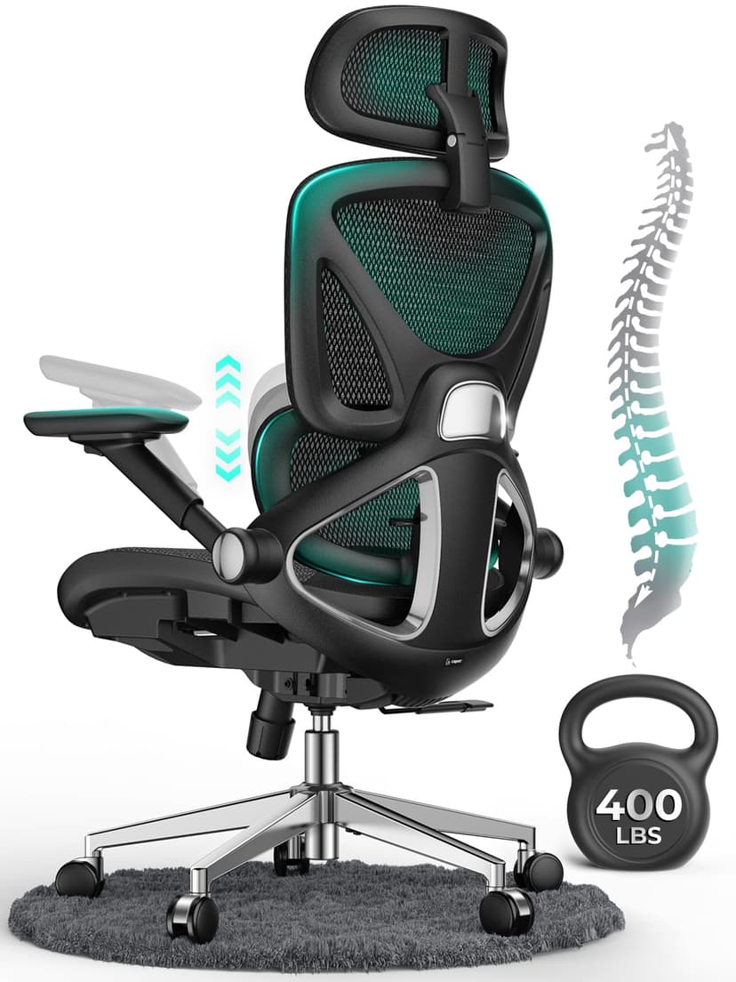 CAPOT Ergonomic Mesh Office Chair, Adjustable Lumbar High Back Desk Chair 400lbs, 4D Flip-up Arms, 3-Level Tilt Backrest, 3D Headrest, PU Wheels, Swivel Rolling Computer Seating for Long Desk Work