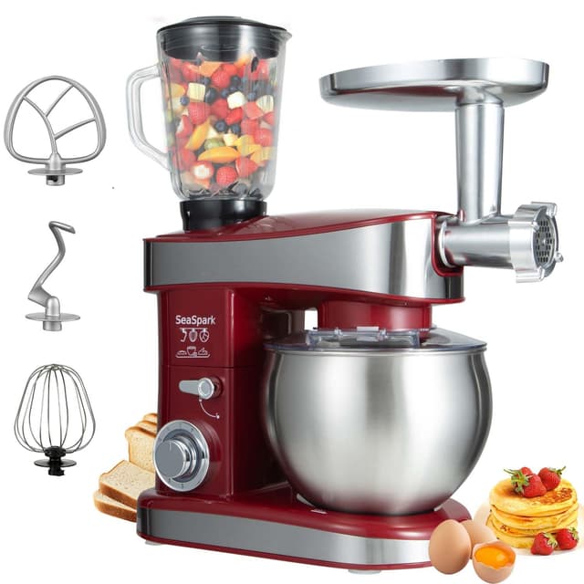 SeaSpark Multifunctional Stand Mixer, 6 in 1 Stand Mixer, 6.3Qt Tilt-head, Standing Mixer with Stainless Steel Bowl, Meat Grinder, Juice Blender, for professional Baking and Most Home Cooks, Red
