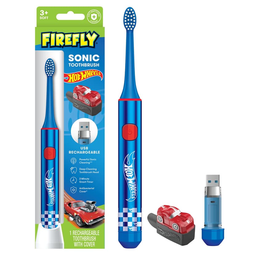 Firefly Slim Sonic Hot Wheels Toothbrush with USB Charging and Antibacterial Cover, Ages 3+, 1 Count