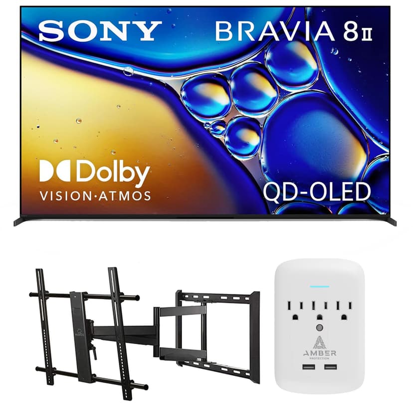 SONY K55XR80M2 55 Inch Bravia 8 QD-OLED 4K HDR Google TV with a Walts Large/Extra Large Full Motion Mount for 43"-90" TVs and Amber Protection 3-Outlet-Surge Surge Protector (2025)