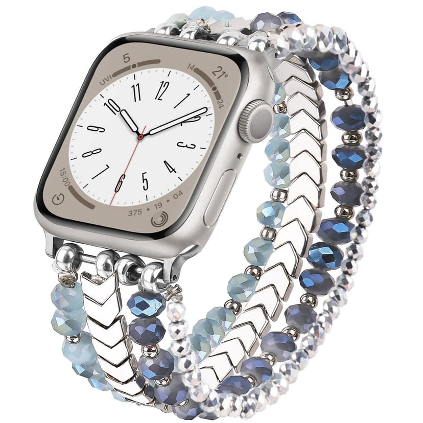 MOFREE Beaded Bracelet Compatible with Apple Watch Band 38mm/40mm/41mm/42mm, Fashion Elastic Stretch Women Bands for iWatch Series 11/10/9/8/7/SE/6/5/4/3/2/1 iPhone Watch Strap Bands (Blue/Silver)
