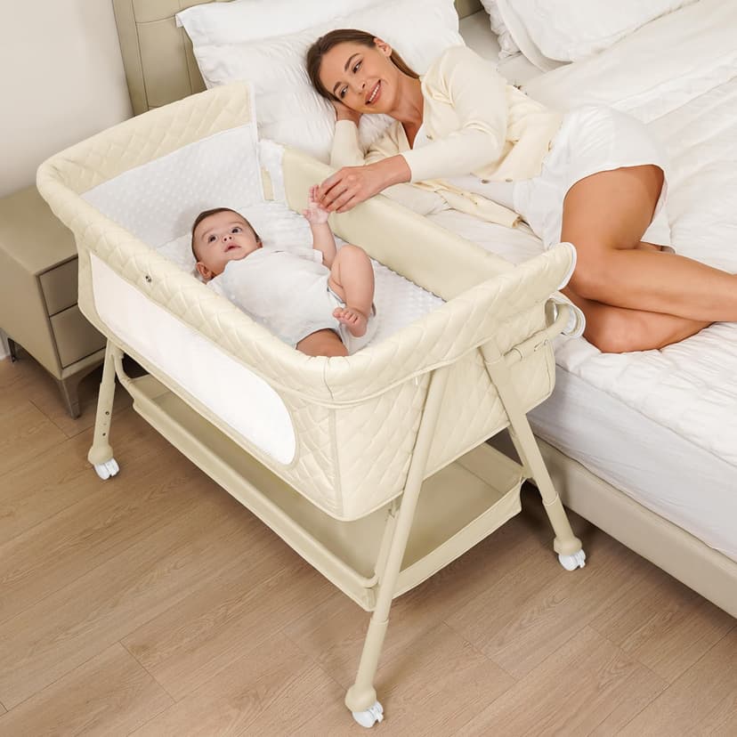 Kiniew Baby Crib for Newborn, Baby Bassinets Bedside Sleeper with Breathable Mesh & Mattress, Easy Move Crib for Newborns with Lockable Wheels, 4-Adjustable Height Beside Bassinet (Beige)