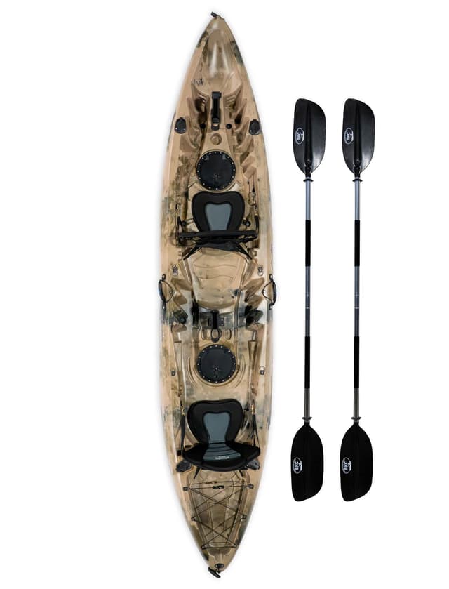 Brooklyn 12.5 Tandem Sit-On-Top Fishing Kayak by BKC, 2–3 Person Kayak with Padded Seats, Paddles, 6 Rod Holders, 600 lb Capacity, Motor-Ready (Camo)