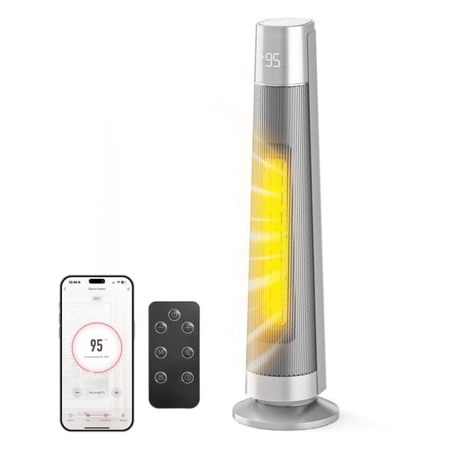 FLANUR 1500W PTC Ceramic Smart Space Heaters for Indoor Use, Portable Heater with Remote & App Control for Large Room, Office, ECO Modes, Safety Protection, 70° Oscillation, 12H Timer, Silver, 1 Pack