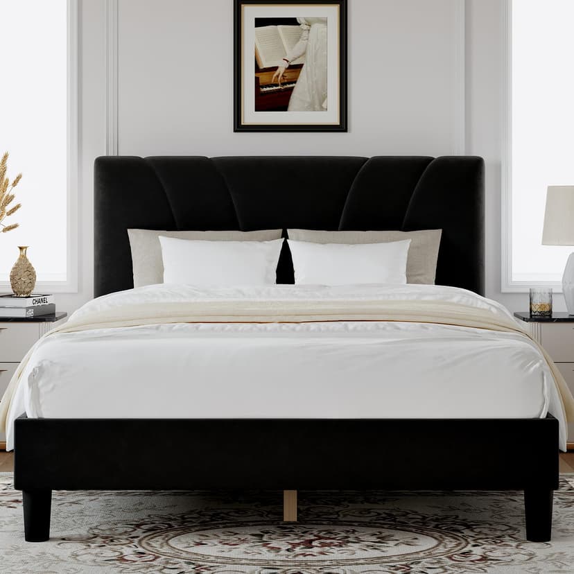 Novilla King Bed Frame and Headboard, King Bed Frame, Velvet Upholstered Bed Frames, No Box Spring Needed, Heavy Duty Feet, Easy Assembly, Black Velvet