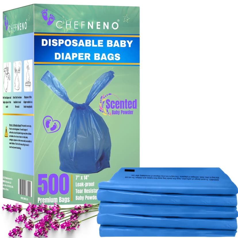 Baby Disposable Diaper Sacks (500 ct.) Fresh Baby Powder Scented, Easy-To-Tie Tabs, Diaper Disposal Bulk Diaper Sacks Dog Poop Bags Cat Litter Waste Bags Sanitary Pads Disposal Bags (500 Bags, Blue)