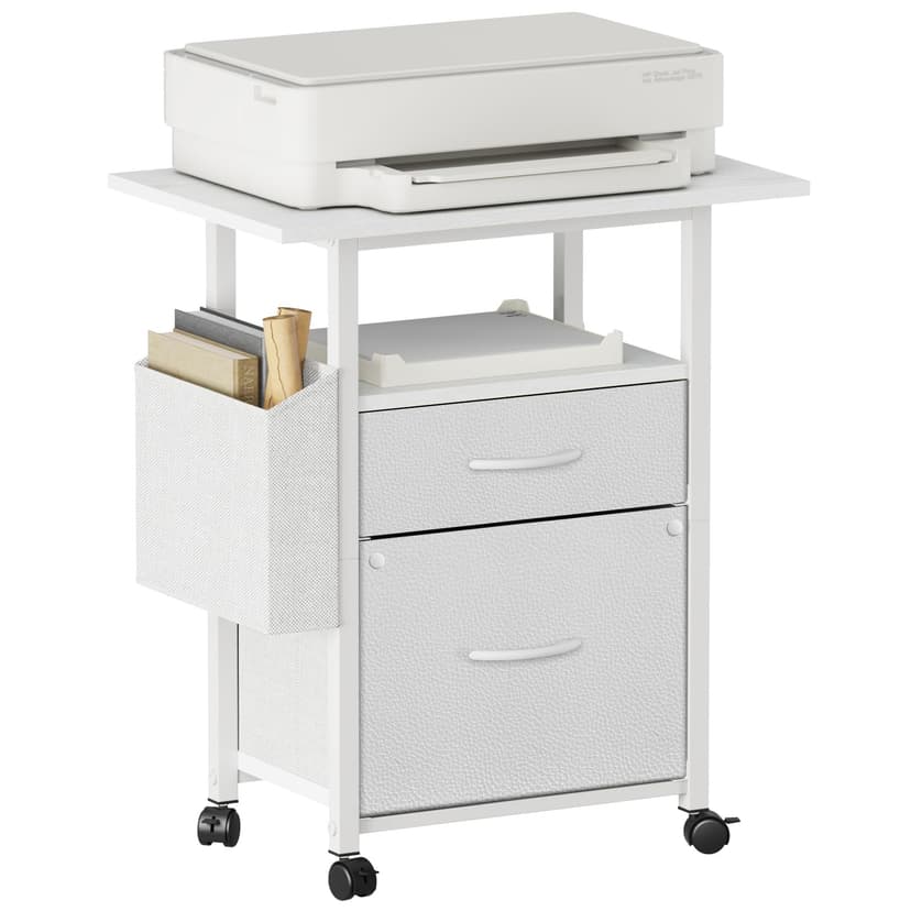 GYIIYUO 2 Drawer File Cabinet with 24'' Extended Desktop, Mobile Filing Cabinet, Rolling File Cabinet with Side Bag, Fabric Drawer, Fits A4/Letter Size, Printer Stand Home Office, White