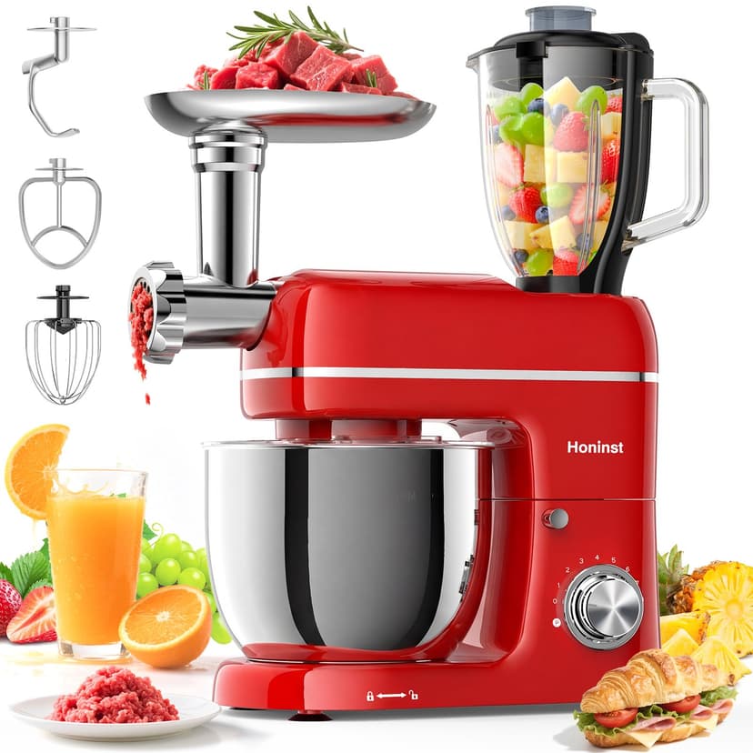 Honinst Stand Mixer, 7-IN-1 6.5QT 660W Multifunctional Electric Kitchen Mixers with Blender, Meat Grinder, Dough Hook, Whisk and Beater, 8-Speed Food Mixer for Baking, Cooking, Food Processing, Red