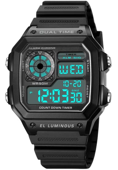 PASOY Mens Womens Sports Watch Rubber Watchband Multi-Function Alarm Stopwatch Countdown Backlight Swim Digital Waterproof Outdoor Black Watch