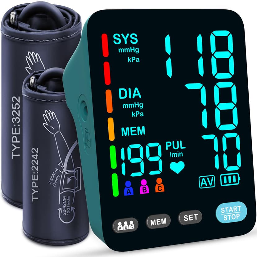 YONLO Blood Pressure Monitor, Automatic Upper Arm Blood Pressure Monitors for Home Use, 2 Blood Pressure Machine Cuff(9-17in & 13-21in) with Large LED Backlit Display, 3x199 Reading Memory Users Green