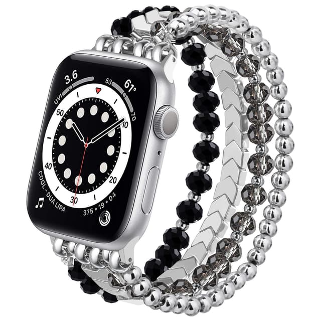 MOFREE Beaded Bracelet Compatible with Apple Watch Band Series 11/10/9/8/7, Fashion Stretch Women Bands for iWatch Series SE/6/5/4/3/2/1 iPhone Watch Strap Bands 42/44/45/49/46mm (Black/Silver)
