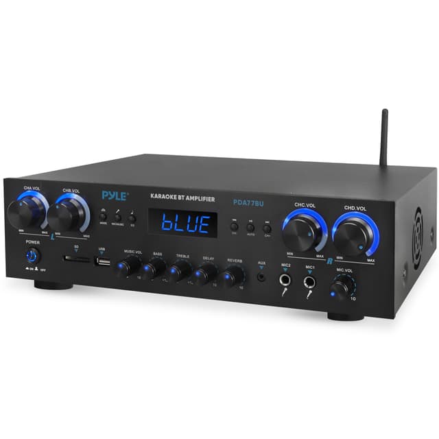 Pyle Bluetooth Home Stereo Amplifier Receiver - 4 Channel, 800 Watt Karaoke Sound System w/ MP3,USB,SD,AUX,RCA,FM,MIC, Headphone, Reverb + Delay, LED Vol, for Home, Studio, Theater Speakers - PDA77BU