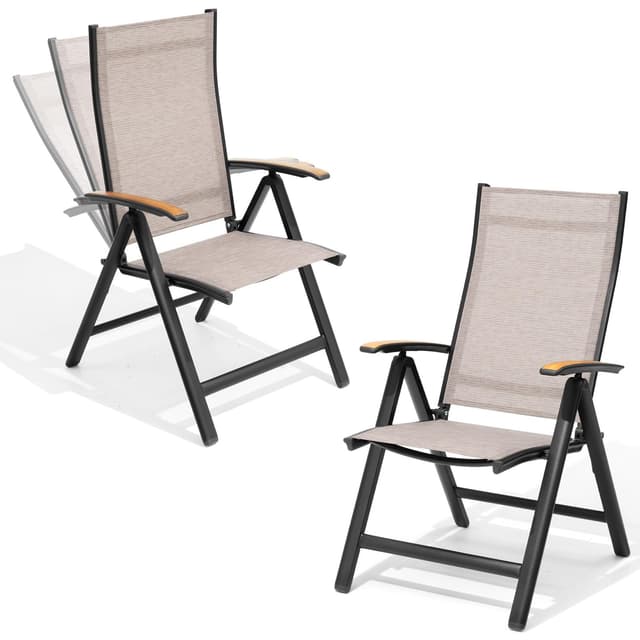Crestlive Products Folding Patio Chairs Set of 2, 8-Level Adjustable Outdoor Recliner Chairs with Teak Armrest Aluminium Frame for Pool, Backyard, Brown