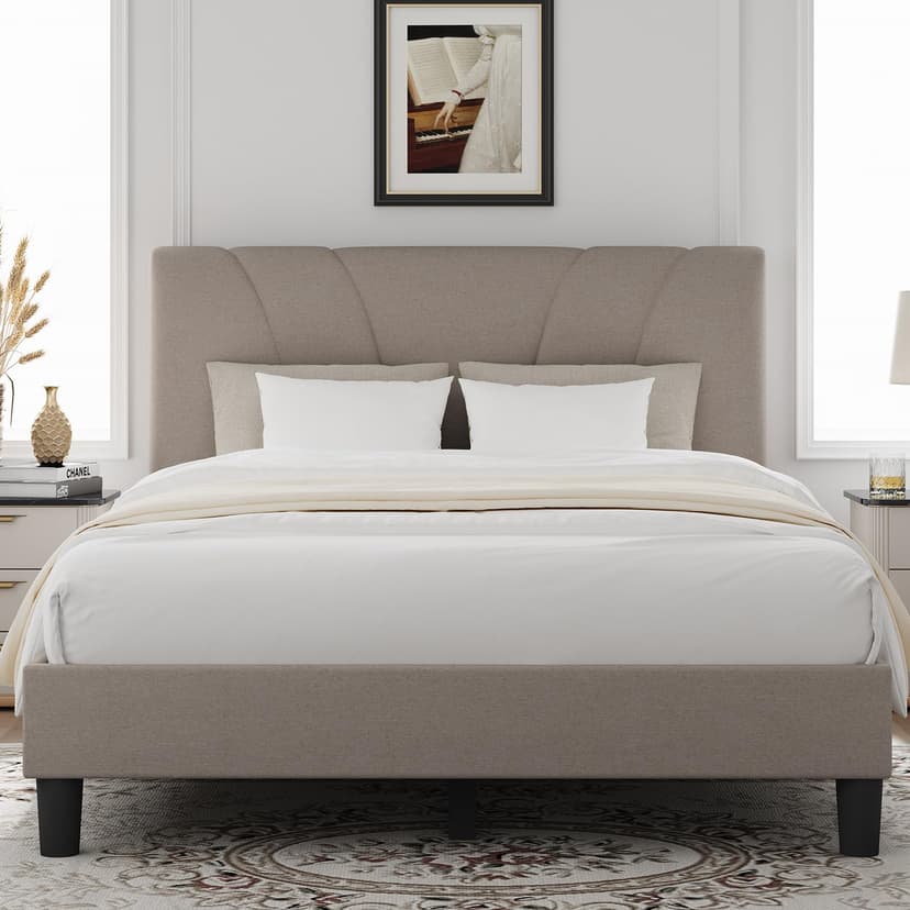 Novilla King Size Bed Frame with Adjustable Headboard Platform King Bed Frame Linen Fabric Upholstered Headboard, No Box Spring Needed, Noise-Free, Wooden Slats Support, Easy Assembly, Beige
