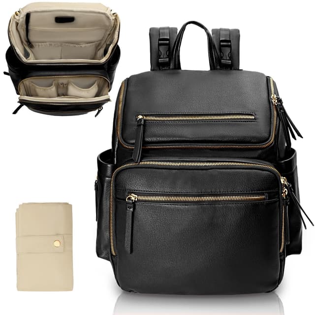 Omanmoli Diaper Bag Backpack Baby Diaper Bag Leather with 17 Diaper Bag Organizing Pouches,Changing Pad,Stroller Straps,4 Insulated Pockets,Black