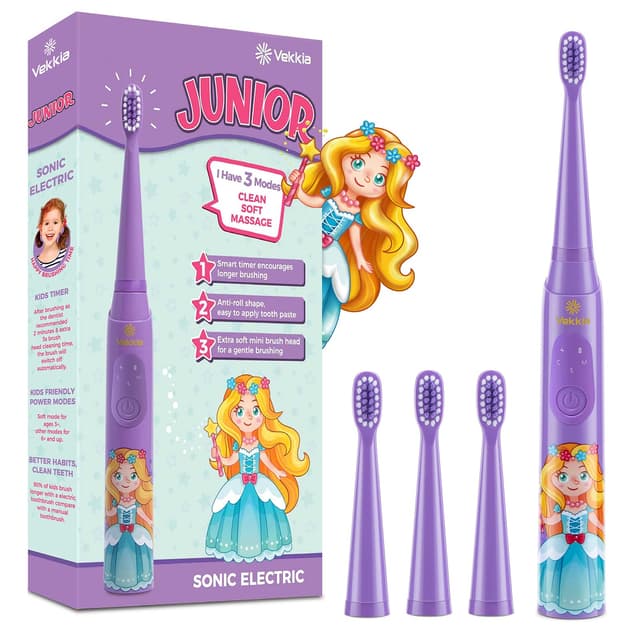 Vekkia Sonic Rechargeable Kids Electric Toothbrush, 3 Modes with Memory, Fun & Easy Cleaning, 24000 Strokes, IPX7 Waterproof, 2-Min Timer for Age 5+, 4 Soft Bristles(Purple)