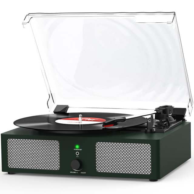 Vinyl Record Player with Built-in Speakers and USB,Belt-Driven Bluetooth Turntable with 3 Speed AUX Input Headphone Jack and RCA Output Vintage Wooden DarkGreen