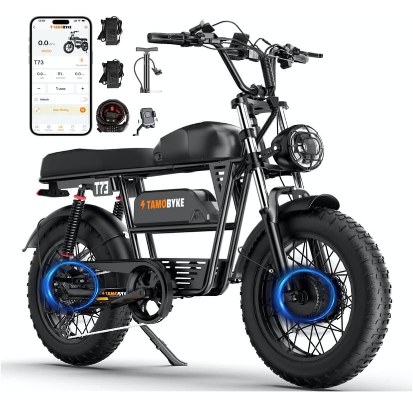 Tamobyke T73ProMax Moped Style Electric Bike,3000W Powerful Motor 48V41.6AH Battery,37.5 MPH Ebike with 20" x4 Fat Tires,7-Speed Gears Dual Hydraulic Brake & Full Suspension Off-Road Electric Bikes