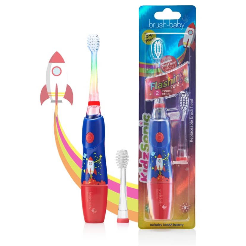 brush-baby - KidzSonic Rocket Kids Electric Toothbrush for Ages 3+ with Disco LED Lights, Gentle Sonic Vibrations, 2-Minute Smart Timer & 30‑Second Pulse Reminders – AAA Battery Included