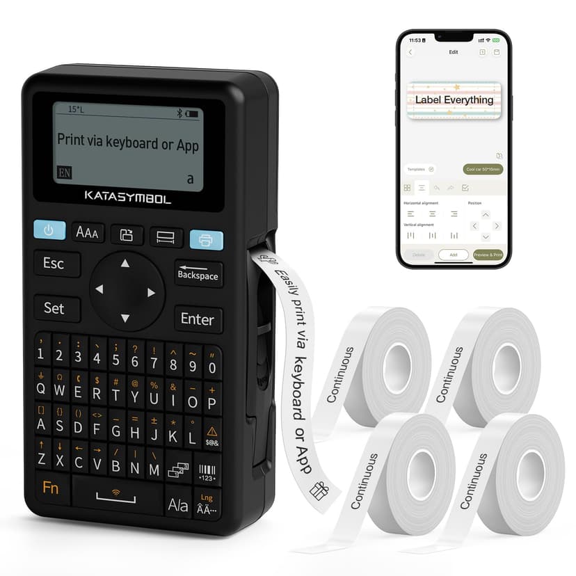 SUPVAN E11 Bluetooth Label Maker Machine with 4 Tapes, Support Keyboard & App with 30+ Fonts and 660+ Icons, Rechargeable Inkless Labeler for Home, Kitchen, Office, School, Organization, Black