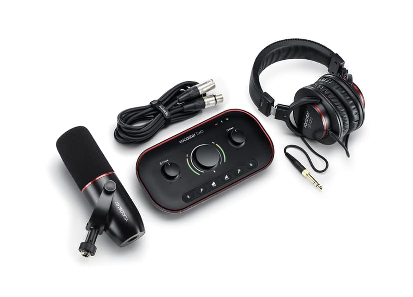 Focusrite Vocaster Two Studio — Podcasting Interface for Recording Host & Guest, with Professional Quality Vocaster DM14v Dynamic Microphone & HP60v Headphones. 2 Mic Inputs & Headphone Outputs