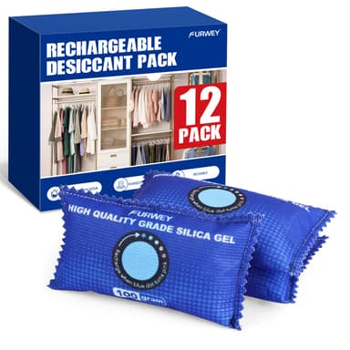FURWEY 12 Pack Rechargeable Desiccant Packs, 100g Each, Blue, Color Indicating Silica Gel Dehumidifier Bags for Storage, Closets, Cars, Bins