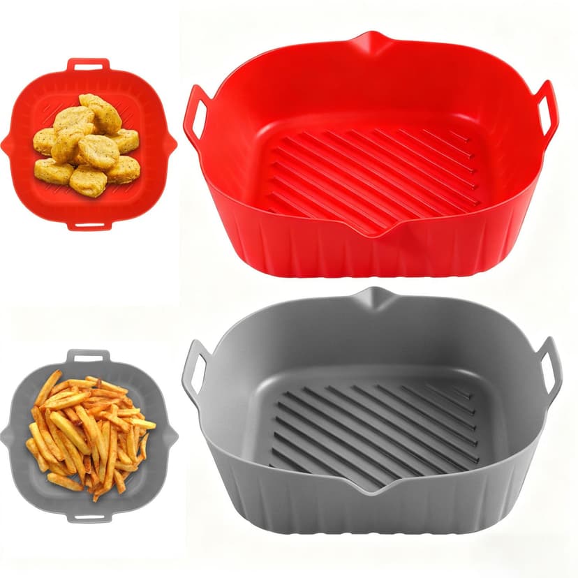 2 Pack Air Fryer Liners,7 Inch Silicone Airfryer Liners,Heavyweight and thickened Air Fryer Liners for 3 to 6 QT Oven Microwave Accessories,Reusable Baking Tray Oven Accessories(RED&GREY)