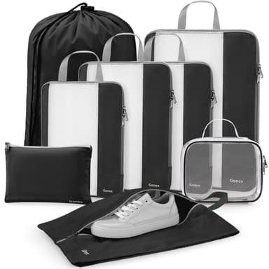 Gonex Expandable Mesh Packing Cubes - 8 Set Compression Organizer for Travel Essentials with Toiletry, Laundry, Shoe & Cable Bags - Black