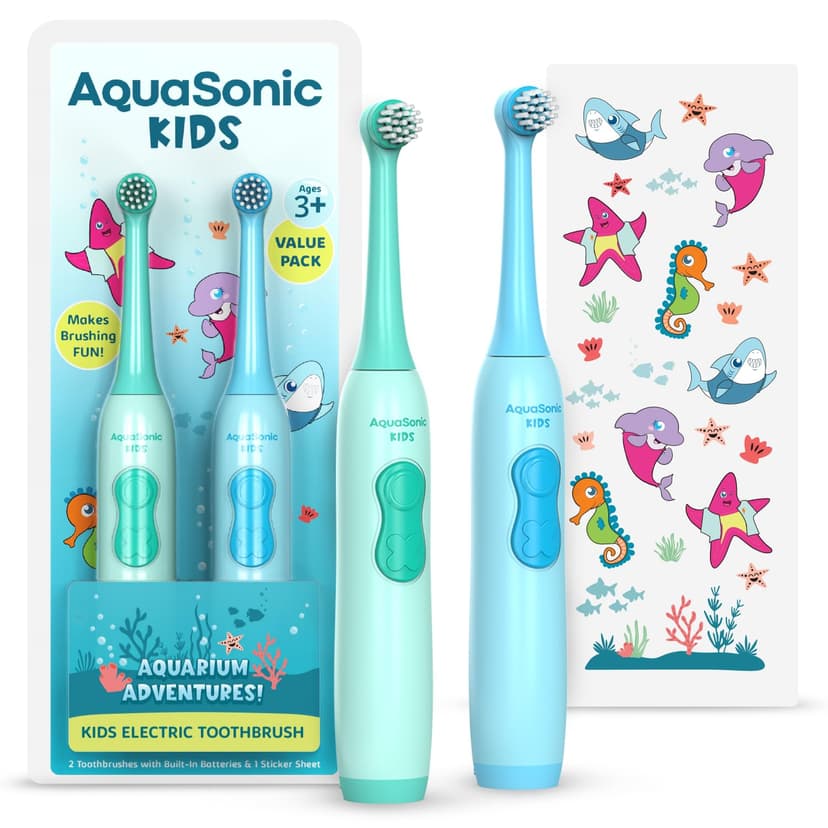 Aquasonic Kids Electric Toothbrush Set for Ages 3+ | Soft Bristles, Oscillating Brush Head, Built-in Battery | Aquarium Adventures