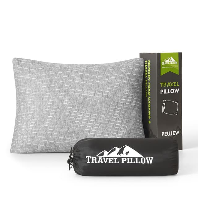 PEUJEW Camping Pillow Shredded Memory Foam Pillow, Compressible Travel Pillow Breathable Cover, Ideal Backpacking Airplane Hiking