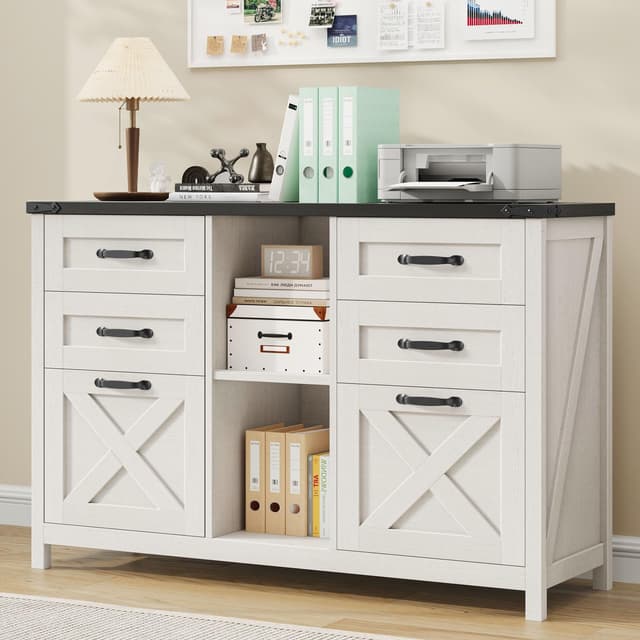Lateral File Cabinet with 6 Drawers, Farmhouse Filing Cabinet for Letter/A4 Size, Wood File Storage Cabinets Printer Stand with Open Storage Adjustable Shelf for Home Office Cabinets, White and Black