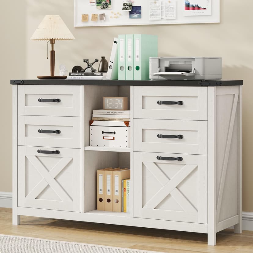 Lateral File Cabinet with 6 Drawers, Farmhouse Filing Cabinet for Letter/A4 Size, Wood File Storage Cabinets Printer Stand with Open Storage Adjustable Shelf for Home Office Cabinets, White and Black