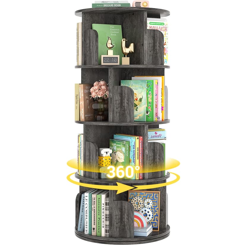 Besiost Rotating Bookshelf, Wood Corner Bookshelf, 360 Display Spinning Bookcase Storage Rack, 4 Tier Floor Standing Revolving Bookcase Narrow Book Shelf Organizer for Small Space, Bedroom, Grey Oak