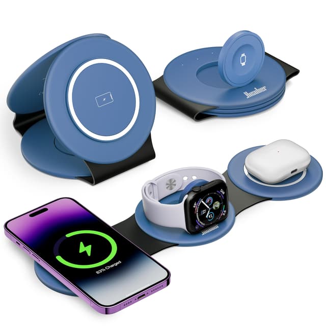 Hicober 3 in 1 Charging Station for Apple Multiple Devices, Foldable Travel Wireless Charger 18W for iPhone Air 17 16 15 14 13 Pro Max Plus &Apple Watch Series/Airpods Light Blue