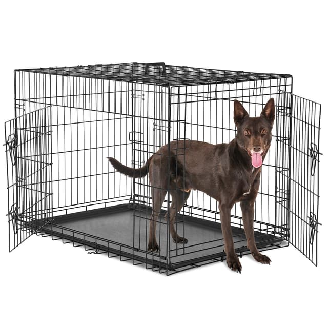 Sweetcrispy Large Dog Crate with Divider Panel, 36 Inch Double Door Folding Metal Wire Dog Cage with Plastic Leak-Proof Pan Tray, Pet Kennel for Indoor, Outdoor, Travel, 36S