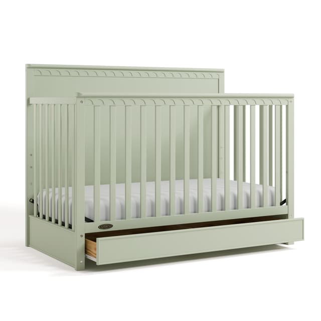 Graco Sasha 5-in-1 Convertible Crib with Drawer (Sage) – GREENGUARD Gold Certified Wood Crib, Converts to Toddler Bed, Daybed, Full-Size Bed, Stylish Classic Design