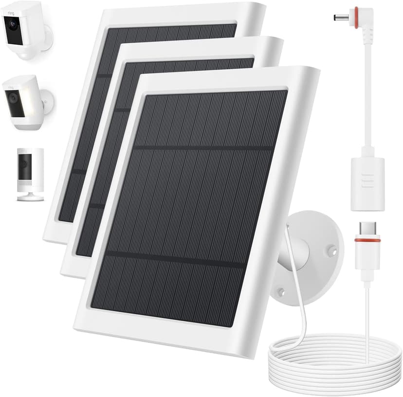 IP65 Solar Panel for Rings Camera White 3pack 4W Solar Charger Compatible with Rings Spotlight &Stick Up Outdoor Cam Battery, 10ft Long Cable with USB-C to Ring Barrel Plug Adapter