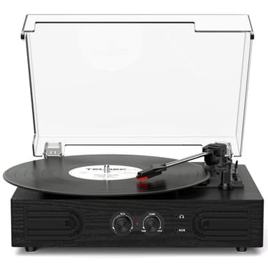 Vinyl Record Player with Built-in Speakers 3-Speed Vintage Record Player Support Treble& Bass Control, 3.5mm Headphone Jack, RCA-Out/Aux in, Belt-Driven LP Turntable,Black Wood